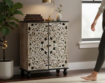 Carved Mango Wood Bedside Cabinet: Solid Wood Nightstand, Living Room Accent