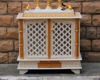 Handcrafted Wood Wall Mandir: White-Gold Indian Pooja Temple