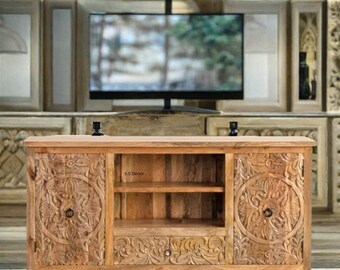 Wooden Carved T.V Cabinet, Handicraft Media Cabinet, Entertainment Cabinet,Solid Wood Carved TV Stand And Furniture