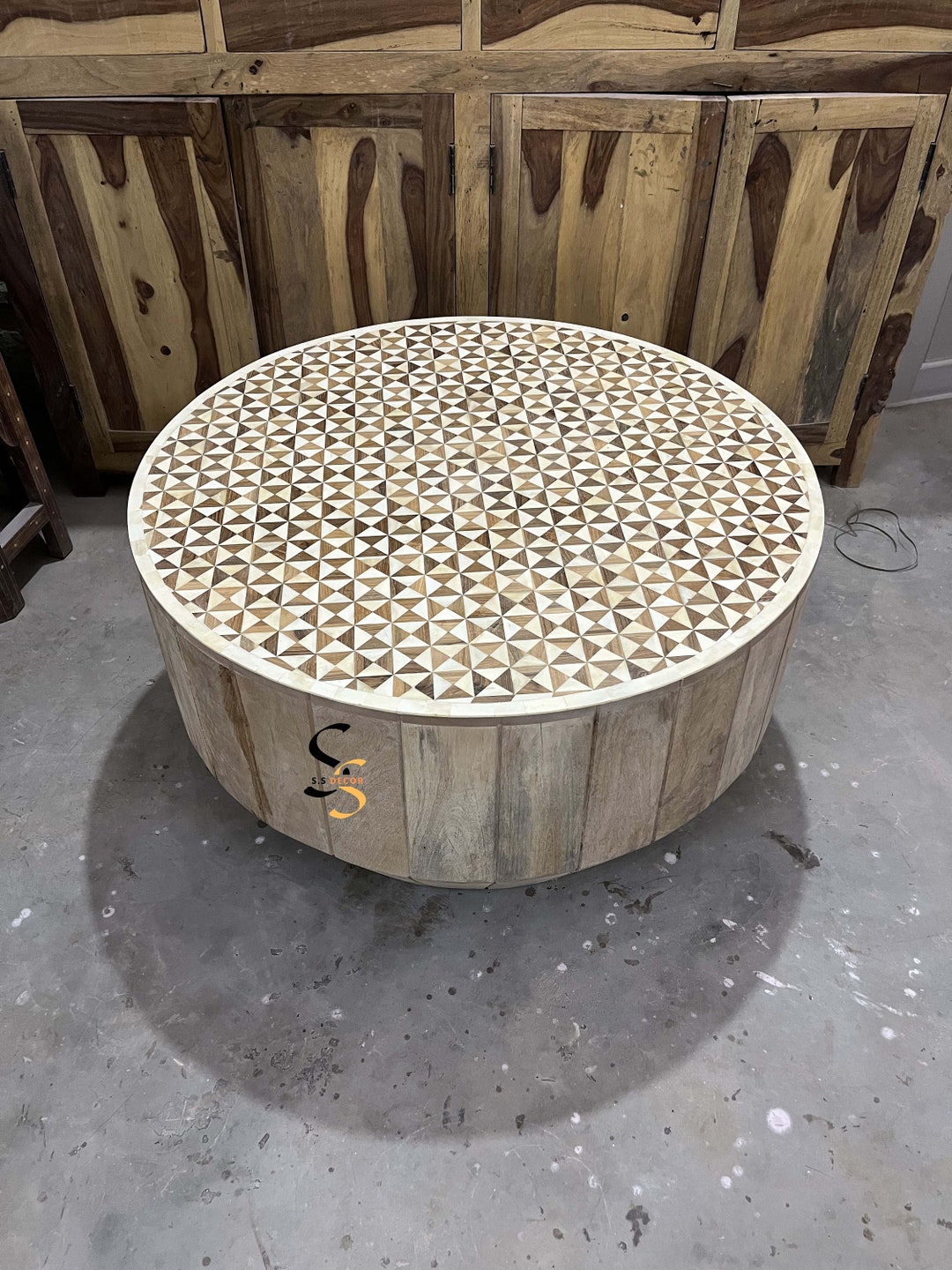 Bone Inlay Round Coffee Table: Handcrafted Solid Wood Cocktail Table - Etsy