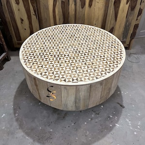 Bone Inlay Round Coffee Table | Handcrafted Center Cocktail Table | Unique Inlay Furniture for Living Room | Home Décor Solid Wood Furniture