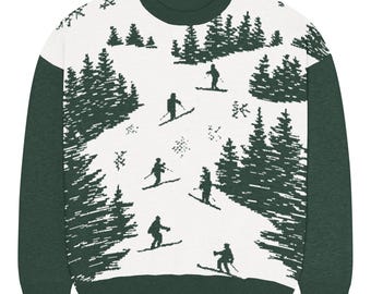 Vintage Ski Sweater – Forest Green Alpine Pullover, Winter Sports Scene