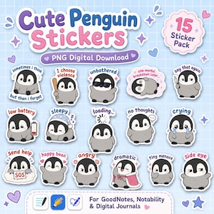 Puede incluir: Un conjunto de 15 pegatinas de pingüinos adorables con diversas expresiones y frases. Descarga digital PNG, para GoodNotes, Notability y diarios digitales. Incluye frases como "unbothered" y "crying".