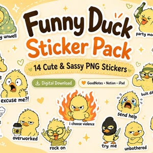 Puede incluir: Un paquete de pegatinas PNG de 14 patos de dibujos animados amarillos, lindos y descarados, en varias poses. Las pegatinas incluyen frases como "party mode", "feral" e "i choose violence". El texto "Funny Duck Sticker Pack" se muestra en la parte superior.