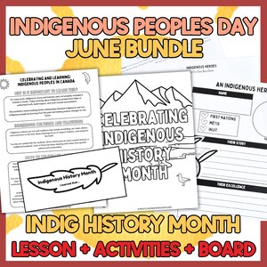 Pode incluir: Um pacote de folhas de atividades educativas intitulado Indigenous Peoples Day June Bundle, com páginas em preto e branco contendo textos sobre culturas, história e heróis indígenas, incluindo um gráfico de pena e ilustração de montanhas.