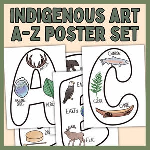 May include: A set of educational posters featuring Indigenous art. The posters display the alphabet with illustrations of cultural symbols, including an antler, abalone shell, eagle, and canoe. The title "INDIGENOUS ART A-Z POSTER SET" is at the top.
