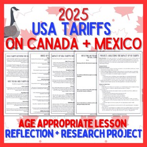 Könnte beinhalten: Ein druckbares Arbeitsblatt für eine Lektion über die US-Zölle von 2025 auf Kanada und Mexiko. Das Arbeitsblatt enthält Fragen zum Einfluss der Zölle auf den Handel, die Wirtschaft und die Beziehungen zwischen den drei Ländern.