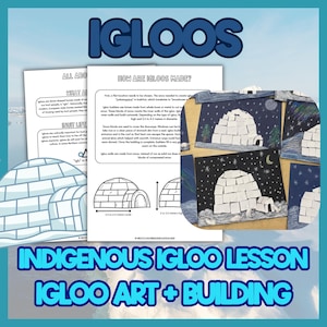 Könnte beinhalten: Unterrichtsmaterialien mit dem Titel IGLOOS, die Texte zur Herstellung von Iglus, Diagramme von Kuppelstrukturen und Fotos von Schülerkunstprojekten mit weißen Papieriglus auf dunkelblauem Hintergrund enthalten.