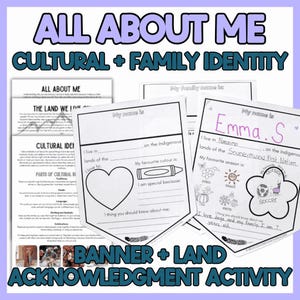 May include: A set of educational worksheets titled All About Me and Cultural + Family Identity. The pages include prompts for names, locations, favorite colors, and seasons, featuring black and white line art of hearts, crayons, and flowers.
