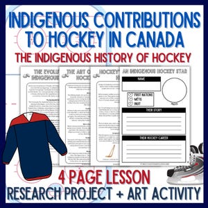 May include: A four-page lesson plan for teaching about Indigenous contributions to hockey in Canada. The lesson includes text about the history of hockey, a hockey jersey colouring page, and a worksheet for students to research and write about an Indigenous hockey star.