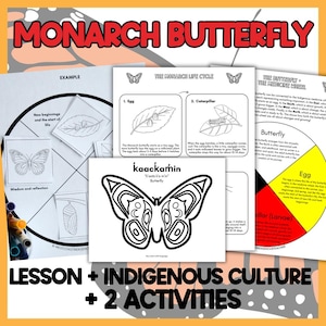 May include: Educational materials about the Monarch butterfly, including a life cycle diagram, coloring pages, and the text "Lesson + Indigenous Culture + 2 Activities". The title "Monarch Butterfly" is at the top.