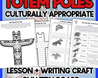 May include: Educational activity sheets featuring totem pole illustrations, writing reflection prompts, and animal identification charts. The pages include black and white line art of a totem pole, a cut-out craft template, and text about First Nations totem poles.