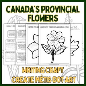 May include: A collection of printable educational worksheets featuring Canada's provincial flowers. The worksheets include outlines of flowers for coloring, along with text describing each flower. The title "CANADA'S PROVINCIAL FLOWERS" is displayed at the top.