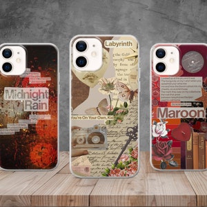 Puede incluir: Tres fundas para teléfono con diseños diferentes. La primera funda tiene un fondo rojo y naranja con el texto "Midnight Rain". La segunda funda tiene un collage de imágenes con el texto "Labyrinth" y "You're On Your Own, Kid". La tercera funda tiene un collage de imágenes con el texto "Maroon".