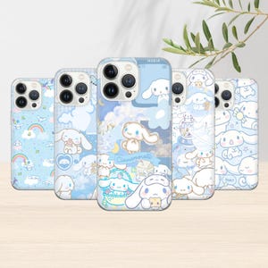 May include: Set of six blue and white phone cases featuring a cartoon character named Cinnamoroll. The cases have different designs with the character in various poses. The text "Cinnamoroll" is printed on one of the cases.