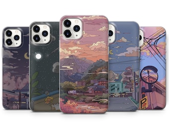 May include: Five different phone cases with illustrated designs. The cases feature a variety of scenes, including a cityscape at night, a mountain range at sunset, and a street scene with a moon in the sky. The cases are all clear and show the phone's camera lens.