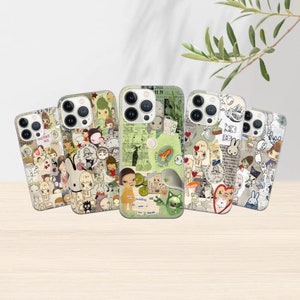 May include: Set of six iPhone cases with a collage of colorful cartoon characters and illustrations. The cases are all different designs and feature a variety of characters, including a bunny, a cat, and a bear. The cases are all made of clear plastic and have a matte finish.