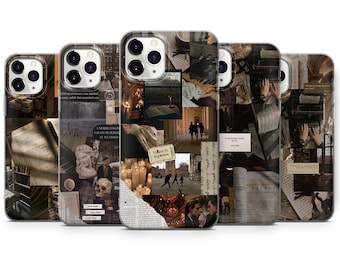 May include: Four different phone cases with a collage of images in dark brown, black, and white tones. The images include candles, books, typewriters, and other vintage-inspired elements. The text on the cases includes "A morbid longing for the picturesque at all costs", "Ticket to Anywhere", "And I love you, I love you, I love you", and "Poetry".