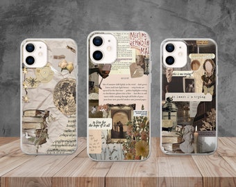Op de afbeelding: Drie telefoonhoesjes met verschillende ontwerpen. De eerste hoes heeft een collage van afbeeldingen, waaronder een maan, een bij, een stapel boeken en muzieknoten. De tweede hoes heeft een collage van afbeeldingen, waaronder een gebouw, bloemen en tekst die zegt "to live for the hope of it all". De derde hoes heeft een collage van afbeeldingen, waaronder een vogelkooi, een kaars en tekst die zegt "this is me trying" en "at least I'm trying".