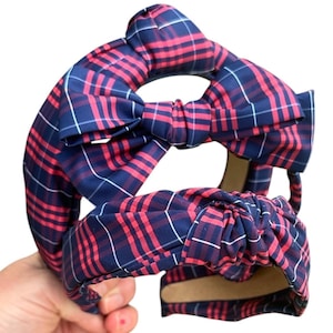Plaid uniform headband, school headbands, school hair accessories, knotted headband, red & navy headband, tartan headband, puffy headbands