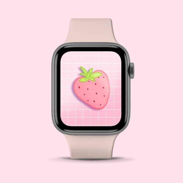 Pastel Kawaii Pink Strawberry Smart Watch Wallpaper | Cute Digital Download for Apple Watch, Samsung Galaxy, Fitbit | Digital Art Print