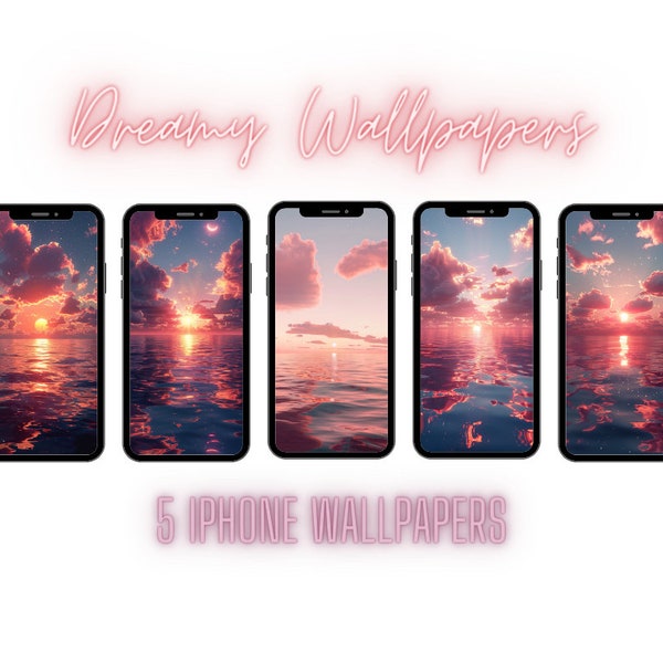 Pastel Pink Sunset Aesthetic Phone Lockscreens - Dreamy Digital Backgrounds for Whimsical Personalization - Calming Ocean - Instant Download