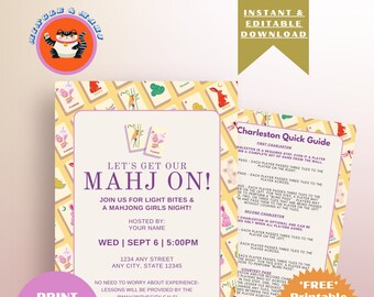 May include: A printable invitation for a Mahjong girls night. The invitation features a yellow background with pink and white mahjong tiles. The text on the invitation reads "Let's Get Our Mahj On!" and includes the date, time, and location of the event. The invitation also includes a "Charleston Quick Guide" with instructions on how to play the game.