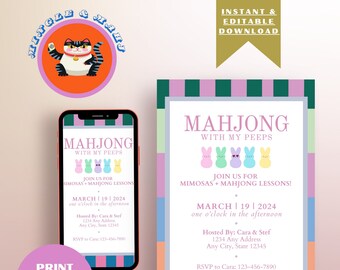 Può includere: Un invito stampabile per una festa di Mahjong con uno sfondo a righe rosa pastello, verde e blu. L'invito presenta una fila di cinque personaggi di caramelle Peeps color pastello con occhiali da sole. Il testo recita "Mahjong con i miei Peeps" e "Unisciti a noi per mimose + lezioni di Mahjong!" La data è il 19 marzo 2024, alle 13:00. L'invito è organizzato da Cara & Stef e include i loro dati di contatto.