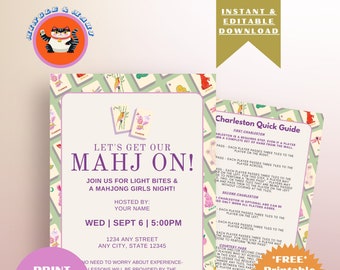 May include: A green and pink invitation to a Mahjong Girls Night. The invitation features a cartoon cat and a Mahjong tile design. The text on the invitation reads "Let's Get Our Mahj On!" and includes the date, time, and location of the event. The invitation also includes a "Charleston Quick Guide" with instructions on how to play the game.