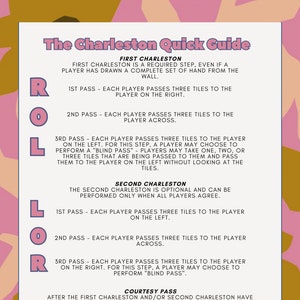 May include: A colorful guide with instructions for playing the card game Charleston. The guide is written in a bold, black font with a pink and orange background.