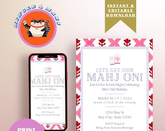 May include: Printable invitation for a girls' night out celebrating a 35th birthday with a pink and red geometric pattern and the text "Let's Get Our Mahj On!"