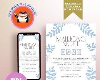 May include: A blue and white invitation for a Mahjong night. The invitation features a blue floral design and the text "Mahjong Night". The invitation also includes the date, time, and location of the event. RSVP by 18th October 2024.