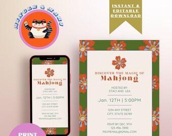 May include: Printable invitation for a Mahjong game night. The invitation features a green background with orange and blue flowers. The text reads "Discover the Magic of Mahjong" with the date and time of the event. The invitation also includes the host's names, address, and RSVP information.