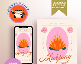 Kleurrijke Preppy Mahjong les uitnodiging voor feest - aanpasbare instant digitale en afdrukbare Mahjong uitnodigen