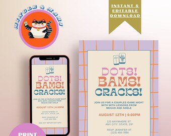 Può includere: Un invito digitale per una serata di giochi per coppie con il testo "Dots! Bams! Cracks!" in un font retrò colorato. L'invito include la data e l'ora dell'evento, la posizione e le informazioni di contatto per RSVP. L'invito è progettato con un motivo a griglia viola e arancione.