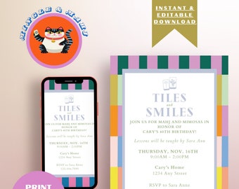 May include: A printable invitation for a Mahjong party with a colorful striped border. The invitation says "Tiles and Smiles" and includes the date, time, and location of the party. It also says "Join us for Mahjong and mimosas in honor of Cary's 40th birthday!"