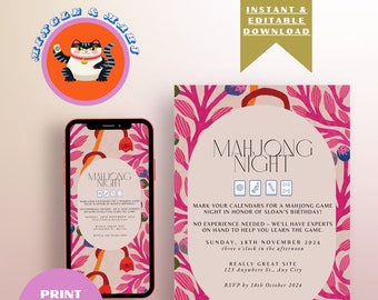 May include: A pink and white invitation for a Mahjong night. The invitation features a floral design with pink flowers and green leaves. The text on the invitation reads "Mahjong Night" and includes the date and time of the event. The invitation also includes the text "RSVP by 18th October 2024".