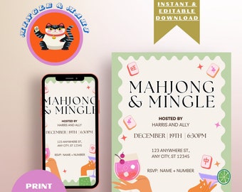 Bunte Preppy Mahjong Lesson Party Einladung - anpassbare sofortige digitale und druckbare Mahjong einladen