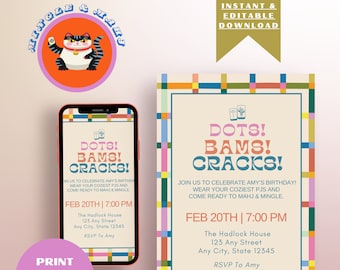 May include: A colorful invitation with a retro design for a birthday party. The invitation features a geometric pattern of squares in various colors, including red, orange, yellow, green, blue, and pink. The text on the invitation reads "Dots! Bams! Cracks!" and includes the date and time of the party, the location, and a request to RSVP to Amy.
