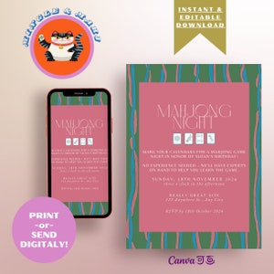 Bunte Preppy Mahjong Lesson Party Einladung - anpassbare sofortige digitale und druckbare Mahjong einladen