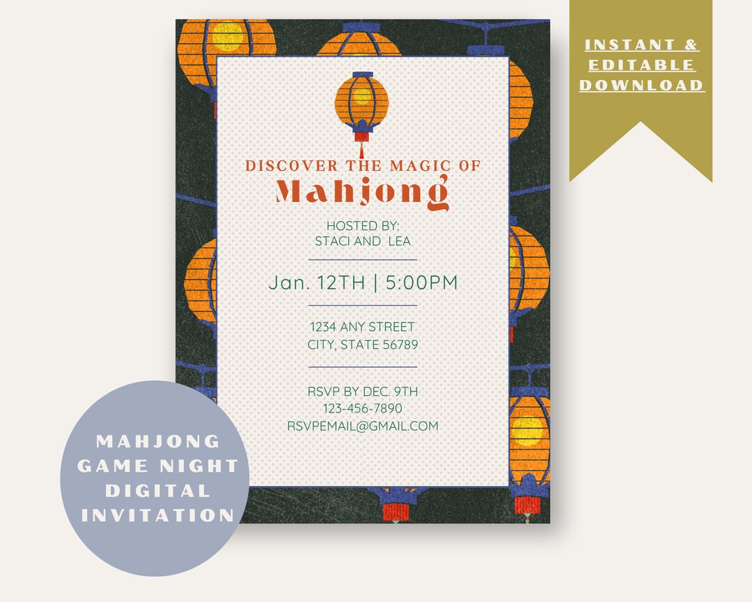 Instant Digital Mahjong Party Invitation Mahjong Lessons Invite Printable Mahjong Party Invite ...