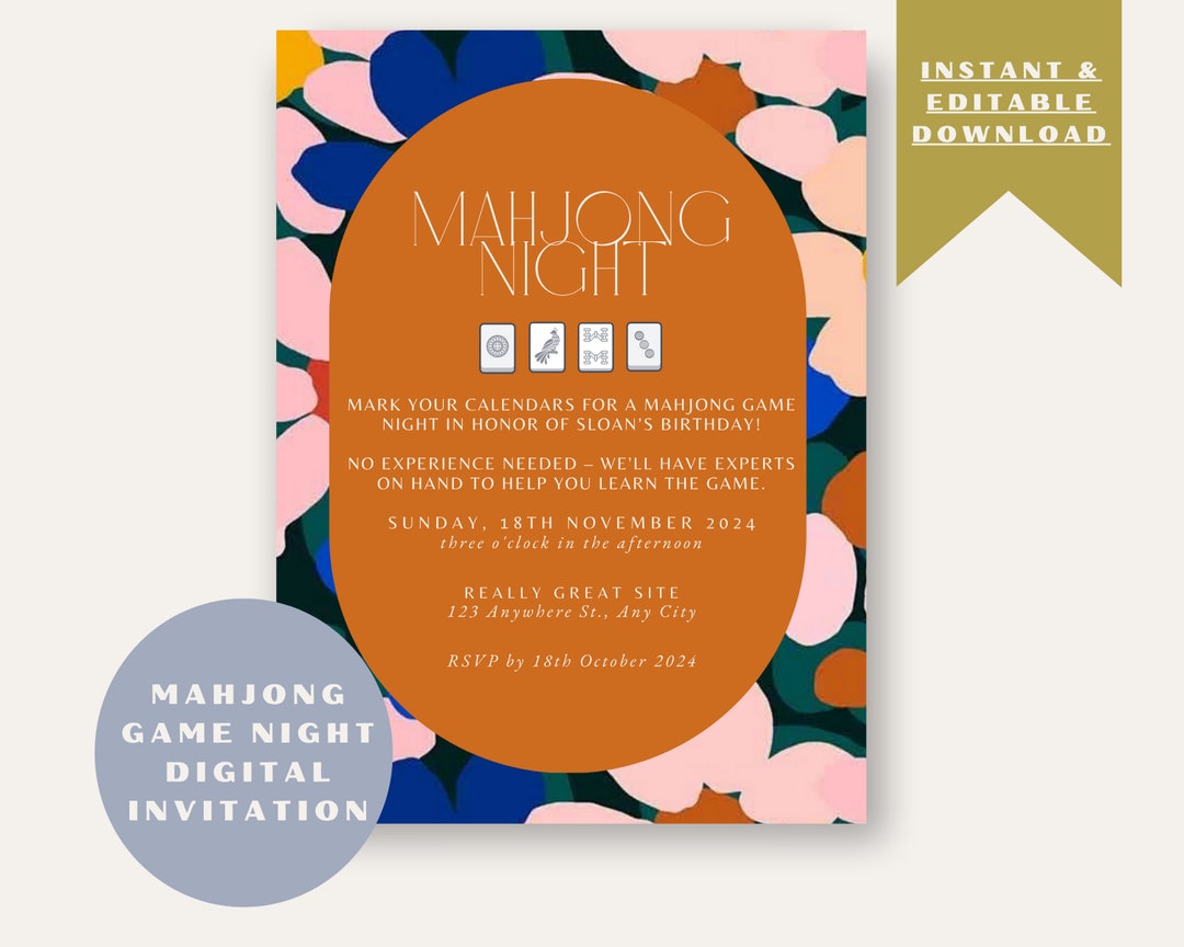 Instant Digital Mahjong Party Invitation Mahjong Lessons Invite Printable Mahjong Party Invite ...