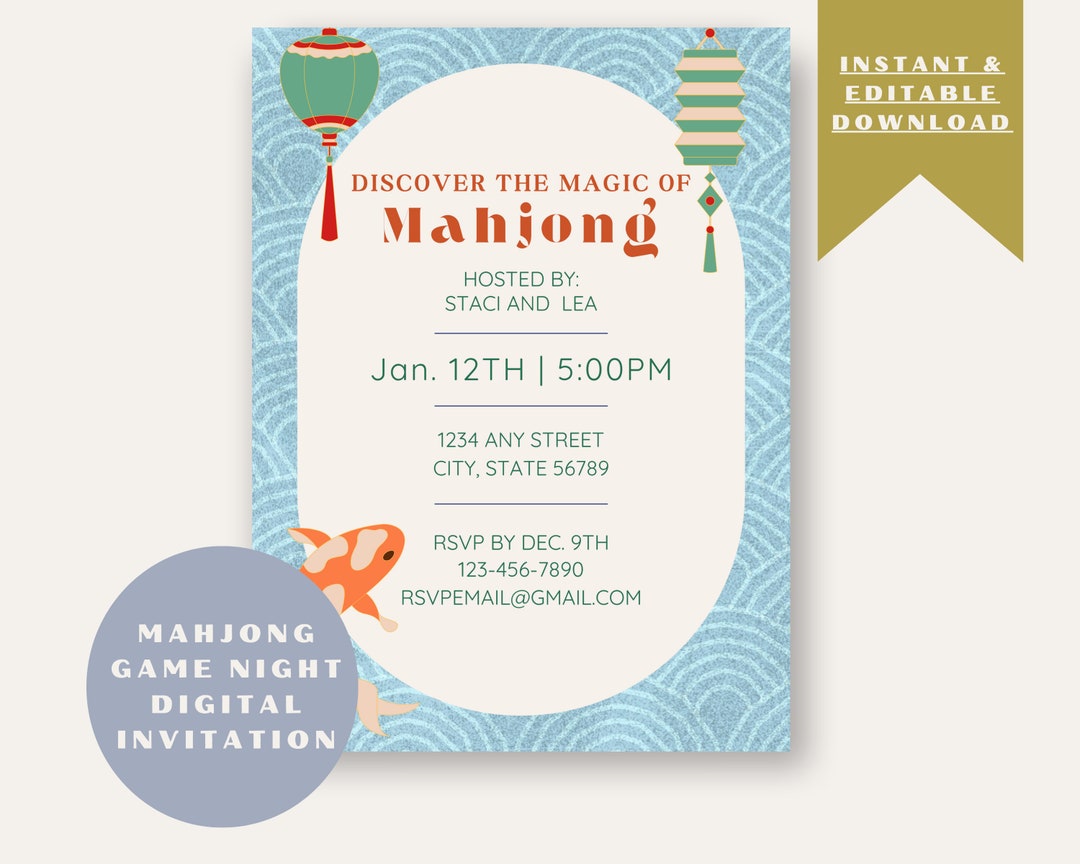 Instant Digital Mahjong Party Invitation Mahjong Lessons Invite Printable Mahjong Party Invite ...