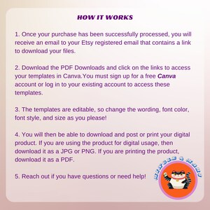K&ouml;nnte beinhalten: Eine textbasierte Infografik mit einem violetten Hintergrund und wei&szlig;em Text, der erkl&auml;rt, wie man digitale Vorlagen herunterl&auml;dt und verwendet. Die Infografik enth&auml;lt eine Cartoon-Katzenillustration mit dem Text "Mingle & Meow".