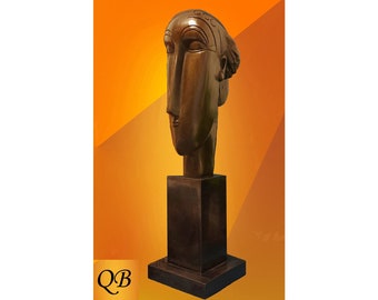 Art Deco quality bronze statue of Amedeo Modigliani female face sculpture.