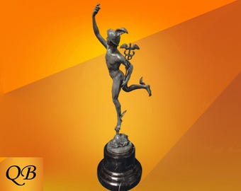 Giambologna Signed Bronze Mercury Statue, Greek Hermes Figurine, Black Marble Base
