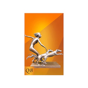 Figuras de bronce Diana Spring Frolic Escultura Art Decó de una diosa femenina corriendo desenfrenada con sus perros. Diana es la patrona de la naturaleza.