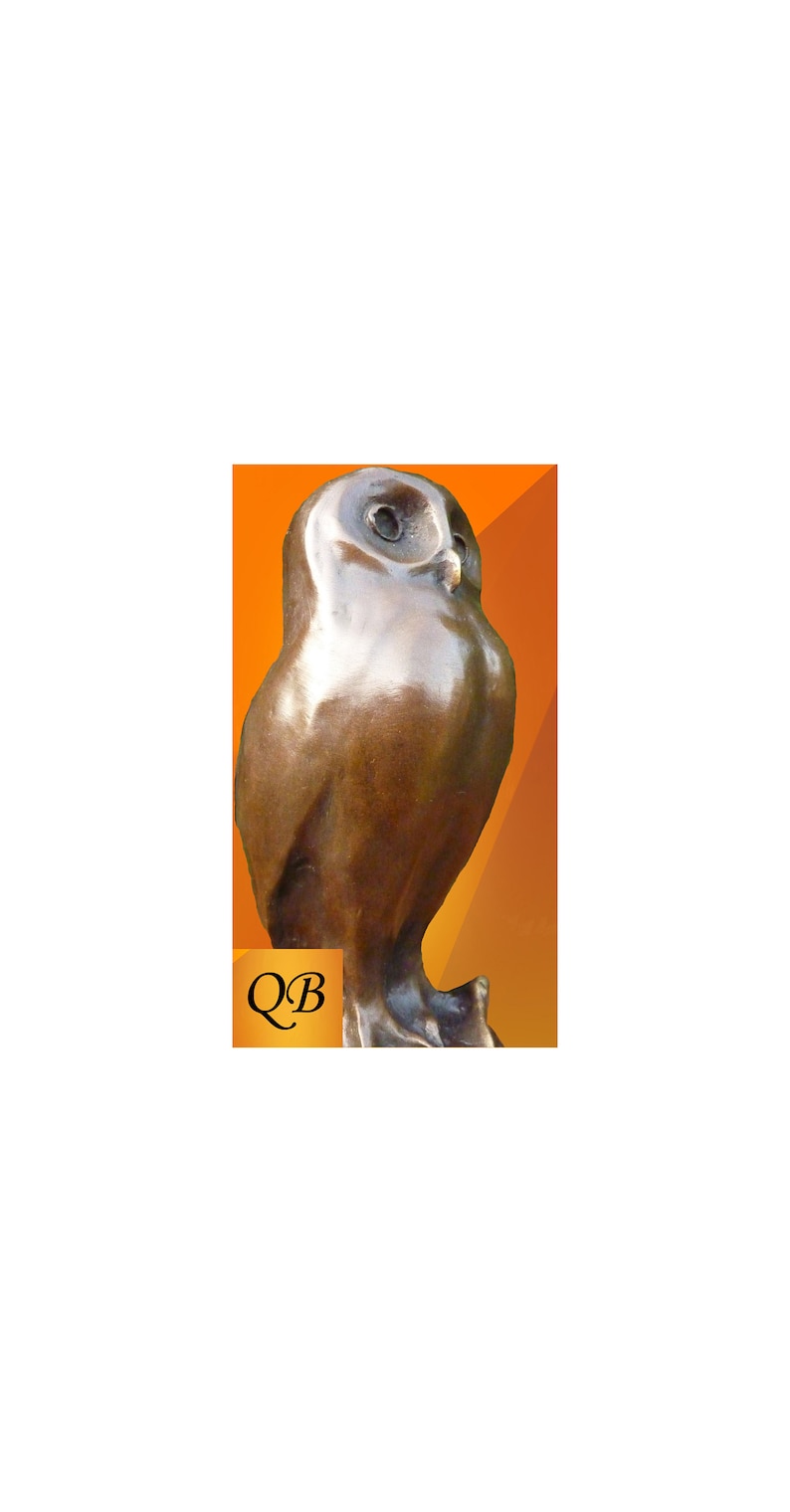 May include: A bronze-colored owl sculpture with a smooth, reflective surface. The owl is perched upright, with detailed eyes and a slightly forward-facing posture. The sculpture has the letters "QB" in the lower left corner.