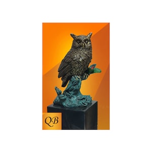 Art Deco bronze figurine statue owl on branch cold painted bird on black marble base.