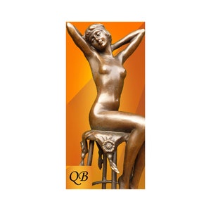 Art Deco Bronze girl on stool Awakening figurine.